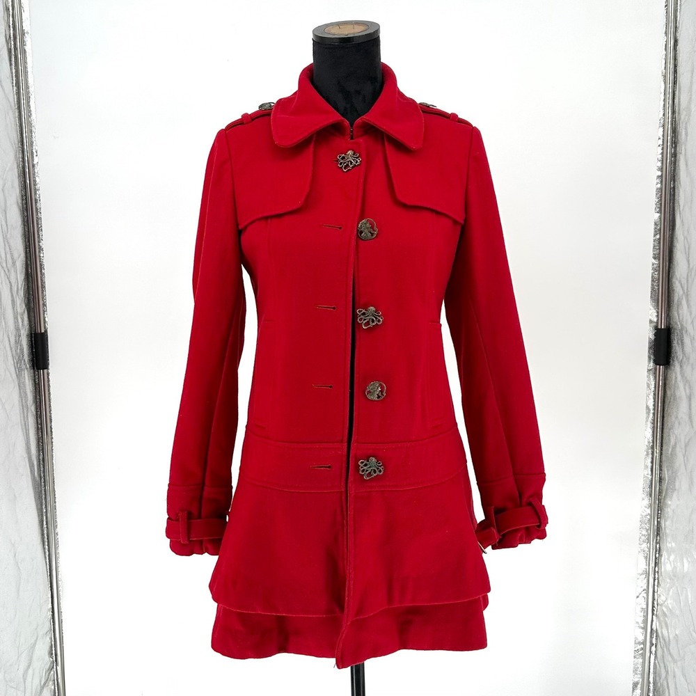 Vintage Guess Red Wool Blend Ruffle‎ Pea Coat Jacket Overcoat Chic S